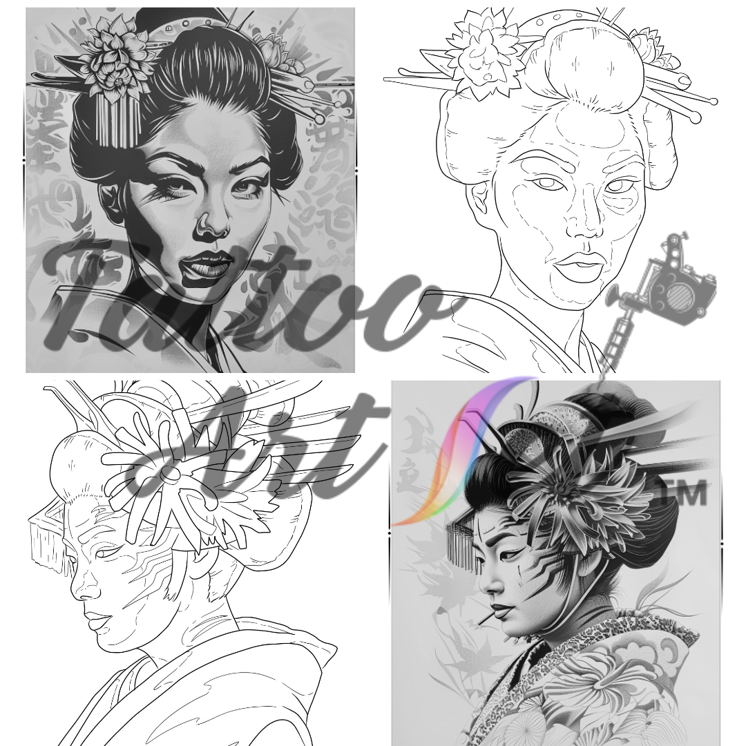 Pochoirs de Tatouage Geisha : Kit de Référence